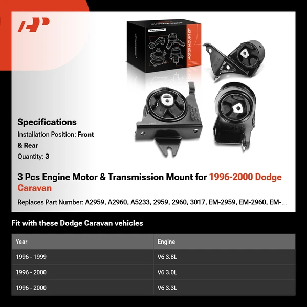 3 Pcs Engine Motor & Transmission Mount for 1996-2000 Dodge Caravan