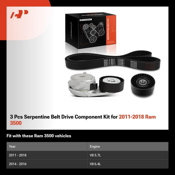 3 Pcs Serpentine Belt Drive Component Kit for 2011-2018 Ram 3500