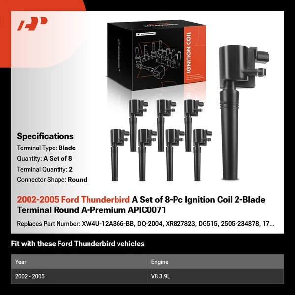 2002-2005 Ford Thunderbird A Set of 8-Pc Ignition Coil 2-Blade Terminal Round A-Premium APIC0071
