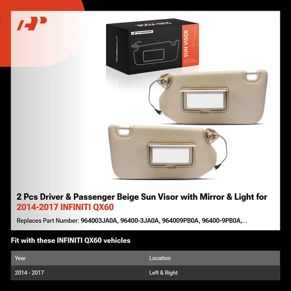 2 Pcs Driver & Passenger Beige Sun Visor with Mirror & Light for 2014-2017 INFINITI QX60
