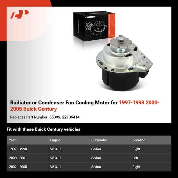 Radiator or Condenser Fan Cooling Motor for 1997-1998 2000-2005 Buick Century