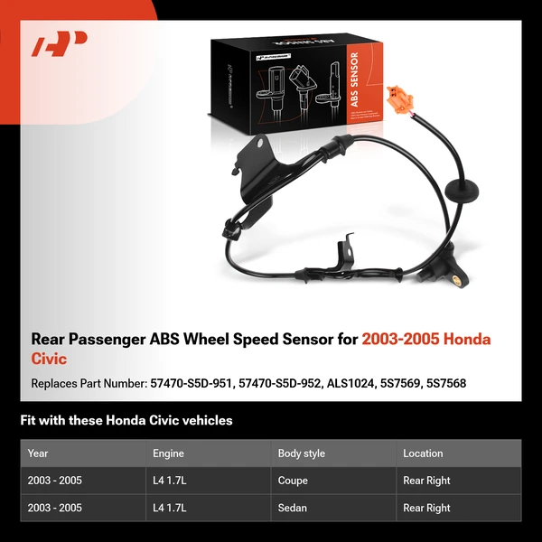 Rear Passenger ABS Wheel Speed Sensor for 2003-2005 Honda Civic