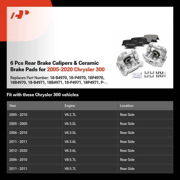 6 Pcs Rear Brake Calipers & Ceramic Brake Pads for 2005-2020 Chrysler 300