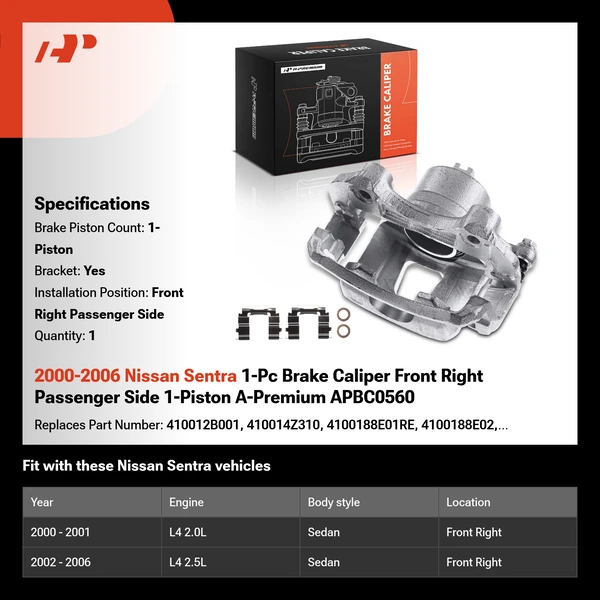 2000-2006 Nissan Sentra 1-Pc Brake Caliper Front Right Passenger Side 1-Piston A-Premium APBC0560
