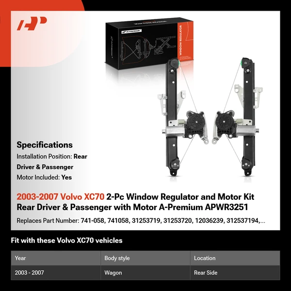 2003-2007 Volvo XC70 2-Pc Window Regulator and Motor Kit Rear Driver & Passenger with Motor A-Premium APWR3251
