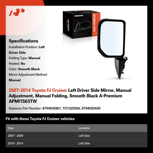 2007-2014 Toyota FJ Cruiser Left Driver Side Mirror, Manual Adjustment, Manual Folding, Smooth Black A-Premium APMI1563TW