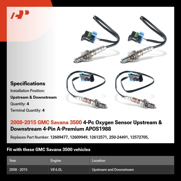 2008-2015 GMC Savana 3500 4-Pc Oxygen Sensor Upstream & Downstream 4-Pin A-Premium APOS1988