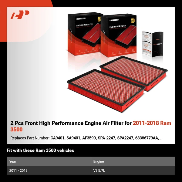 2 Pcs Front High Performance Engine Air Filter for 2011-2018 Ram 3500