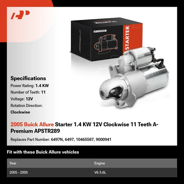 2005 Buick Allure Starter 1.4 KW 12V Clockwise 11 Teeth A-Premium APSTR289