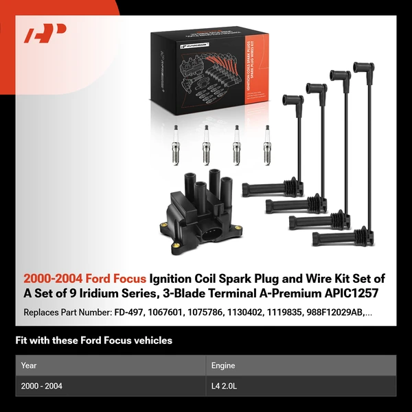 2000-2004 Ford Focus Ignition Coil Spark Plug and Wire Kit Set of A Set of 9 Iridium Series, 3-Blade Terminal A-Premium APIC1257