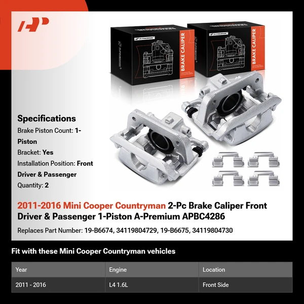 2011-2016 Mini Cooper Countryman 2-Pc Brake Caliper Front Driver & Passenger 1-Piston A-Premium APBC4286