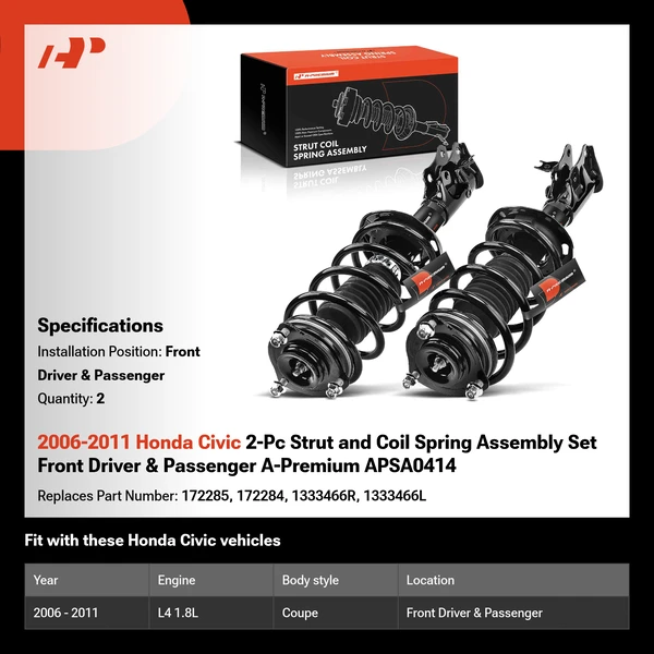 2006-2011 Honda Civic 2-Pc Strut and Coil Spring Assembly Set Front Driver & Passenger A-Premium APSA0414