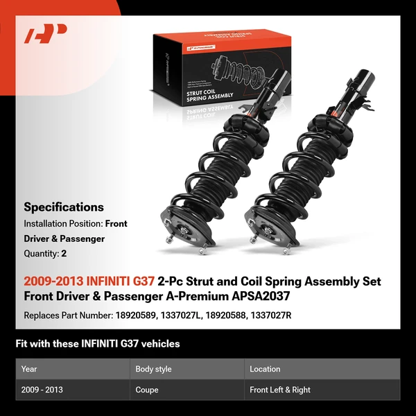 2009-2013 INFINITI G37 2-Pc Strut and Coil Spring Assembly Set Front Driver & Passenger A-Premium APSA2037