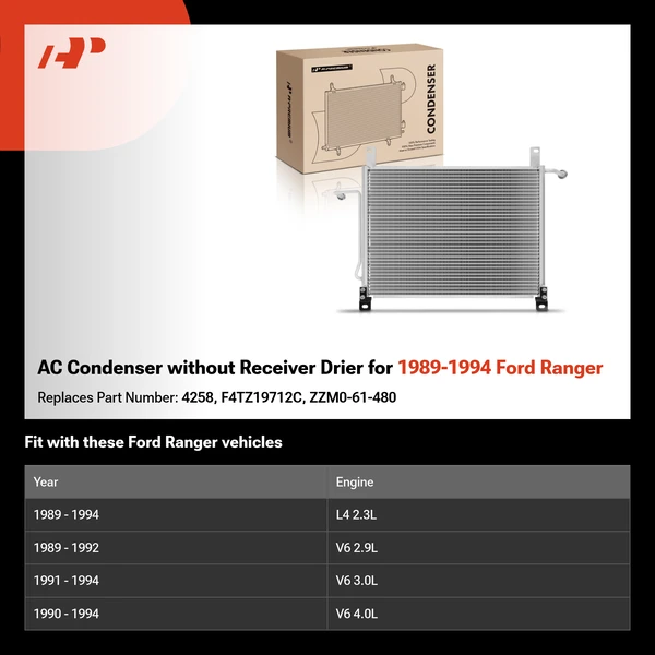 AC Condenser without Receiver Drier for 1989-1994 Ford Ranger
