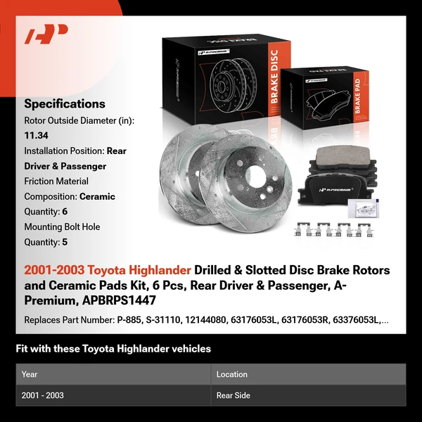 2001-2003 Toyota Highlander Drilled & Slotted Disc Brake Rotors and Ceramic Pads Kit, 6 Pcs, Rear Driver & Passenger, A-Premium, APBRPS1447