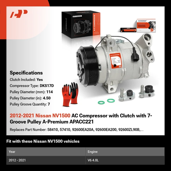2012-2021 Nissan NV1500 AC Compressor with Clutch with 7-Groove Pulley A-Premium APACC221