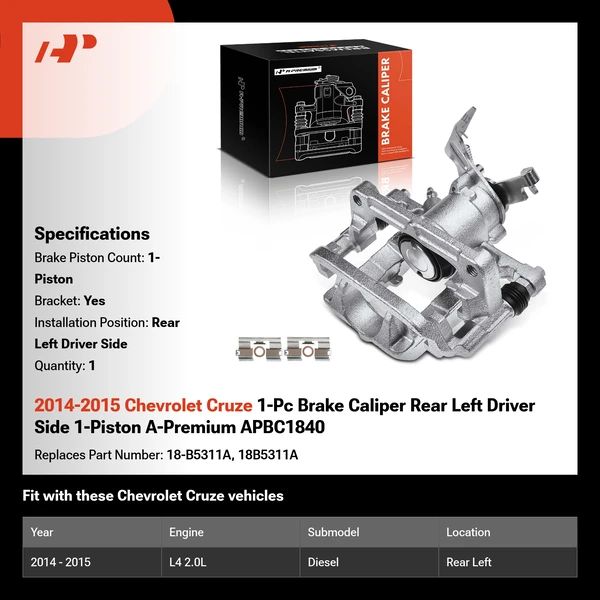 2014-2015 Chevrolet Cruze 1-Pc Brake Caliper Rear Left Driver Side 1-Piston A-Premium APBC1840