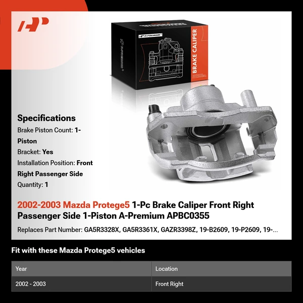 2002-2003 Mazda Protege5 1-Pc Brake Caliper Front Right Passenger Side 1-Piston A-Premium APBC0355