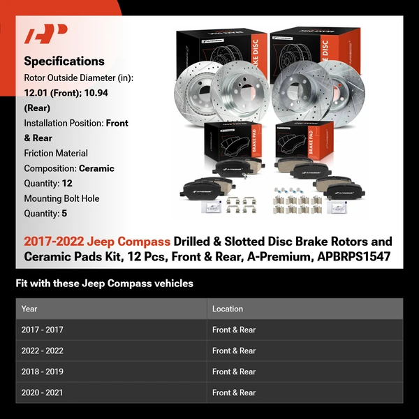 2017-2022 Jeep Compass Drilled & Slotted Disc Brake Rotors and Ceramic Pads Kit, 12 Pcs, Front & Rear, A-Premium, APBRPS1547