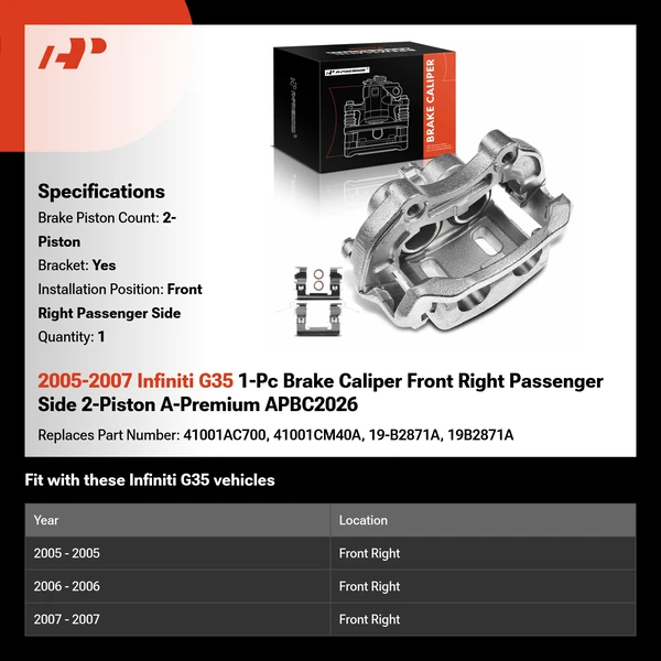 2005-2007 Infiniti G35 1-Pc Brake Caliper Front Right Passenger Side 2-Piston A-Premium APBC2026