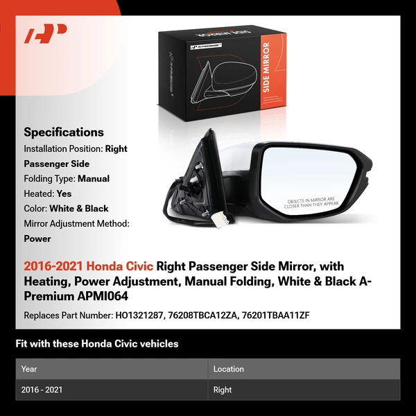 2016-2021 Honda Civic Right Passenger Side Mirror, with Heating, Power Adjustment, Manual Folding, White & Black A-Premium APMI064