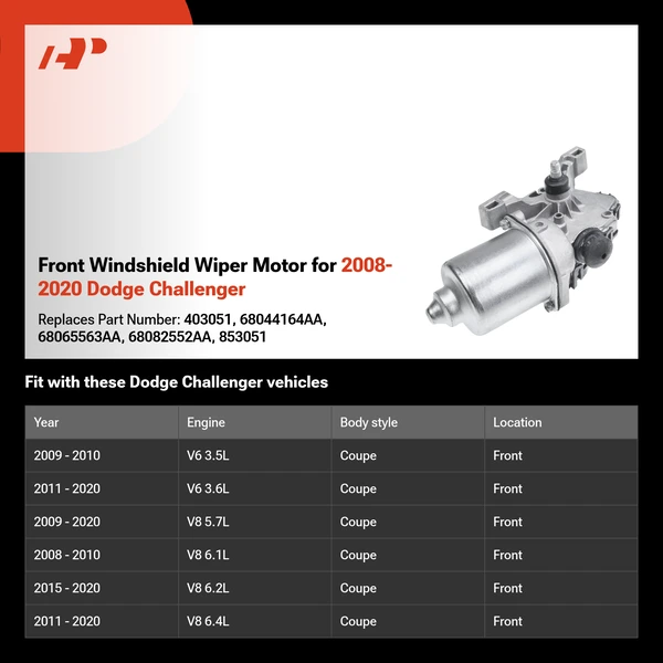 Front Windshield Wiper Motor for 2008-2020 Dodge Challenger