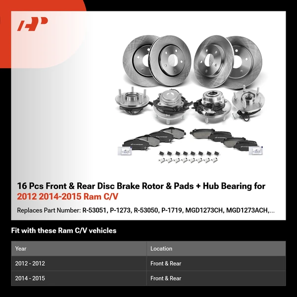 16 Pcs Front & Rear Disc Brake Rotor & Pads + Hub Bearing for 2012 2014-2015 Ram C/V