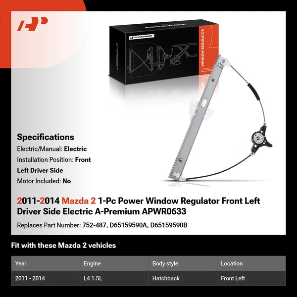 2011-2014 Mazda 2 1-Pc Power Window Regulator Front Left Driver Side Electric A-Premium APWR0633