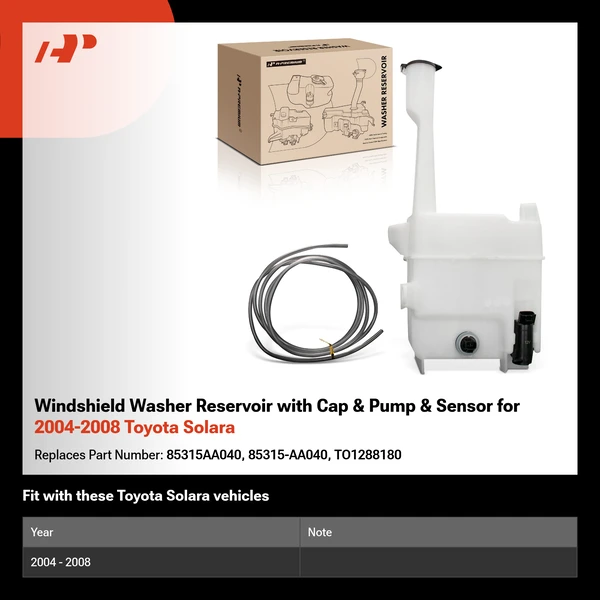 Windshield Washer Reservoir with Cap & Pump & Sensor for 2004-2008 Toyota Solara