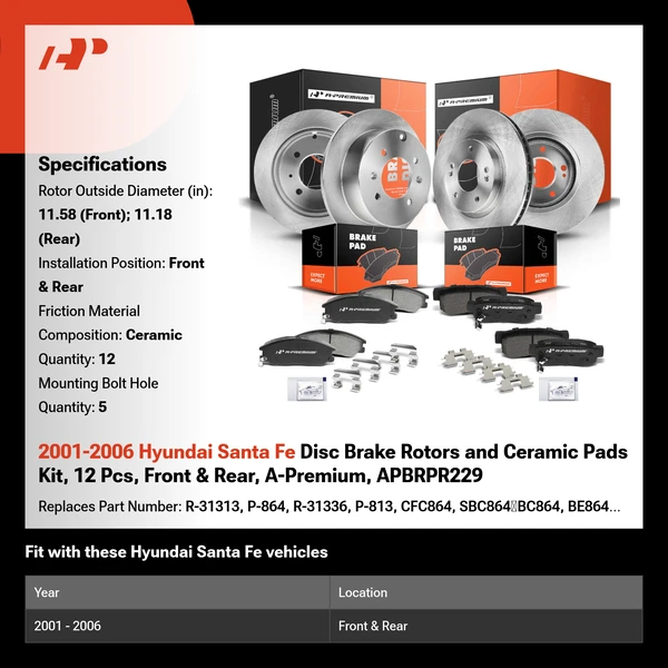 2001-2006 Hyundai Santa Fe Disc Brake Rotors and Ceramic Pads Kit, 12 Pcs, Front & Rear, A-Premium, APBRPR229