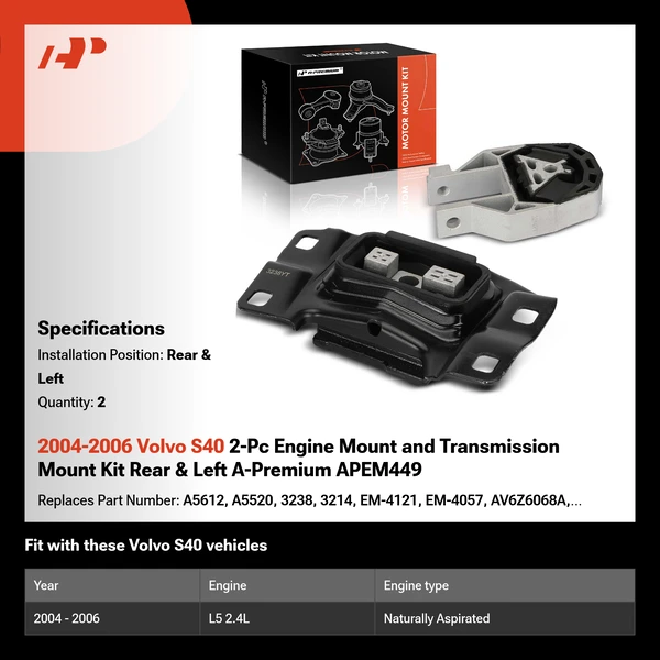 2004-2006 Volvo S40 2-Pc Engine Mount and Transmission Mount Kit Rear & Left A-Premium APEM449