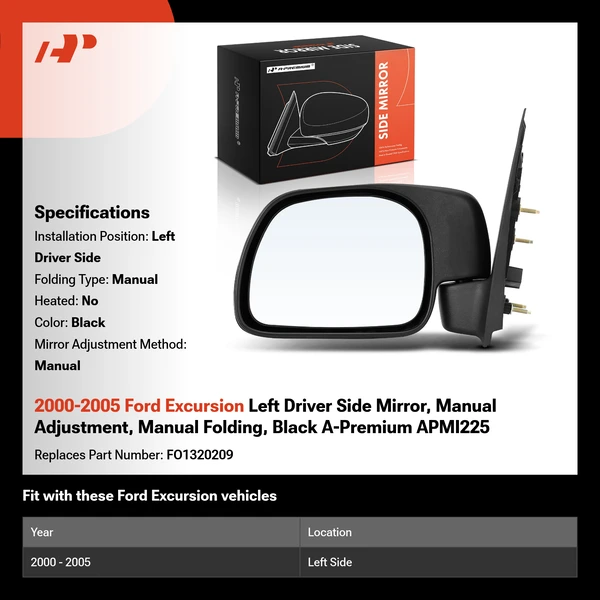 2000-2005 Ford Excursion Left Driver Side Mirror, Manual Adjustment, Manual Folding, Black A-Premium APMI225