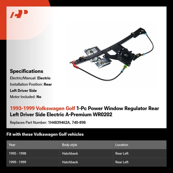 1993-1999 Volkswagen Golf 1-Pc Power Window Regulator Rear Left Driver Side Electric A-Premium WR0202