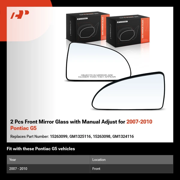 2 Pcs Front Mirror Glass with Manual Adjust for 2007-2010 Pontiac G5
