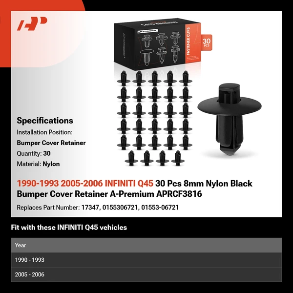 1990-1993 2005-2006 INFINITI Q45 30 Pcs 8mm Nylon Black Bumper Cover Retainer A-Premium APRCF3816