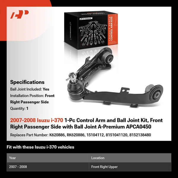 2007-2008 Isuzu i-370 1-Pc Control Arm and Ball Joint Kit, Front Right Passenger Side with Ball Joint A-Premium APCA0450