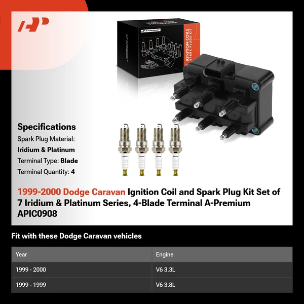 1999-2000 Dodge Caravan Ignition Coil and Spark Plug Kit Set of 7 Iridium & Platinum Series, 4-Blade Terminal A-Premium APIC0908