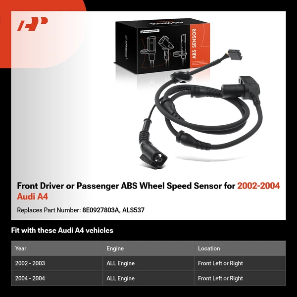 Front Driver or Passenger ABS Wheel Speed Sensor for 2002-2004 Audi A4