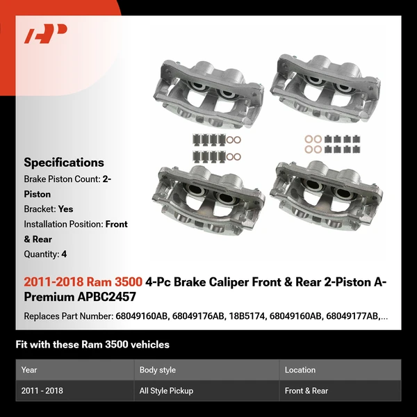 2011-2018 Ram 3500 4-Pc Brake Caliper Front & Rear 2-Piston A-Premium APBC2457