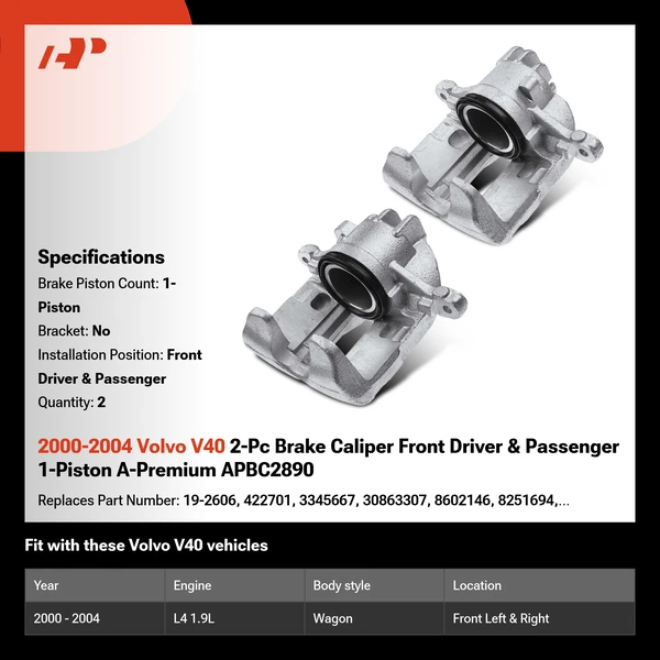 2000-2004 Volvo V40 2-Pc Brake Caliper Front Driver & Passenger 1-Piston A-Premium APBC2890