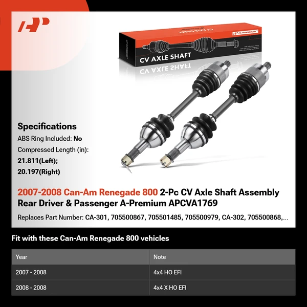 2007-2008 Can-Am Renegade 800 2-Pc CV Axle Shaft Assembly Rear Driver & Passenger A-Premium APCVA1769
