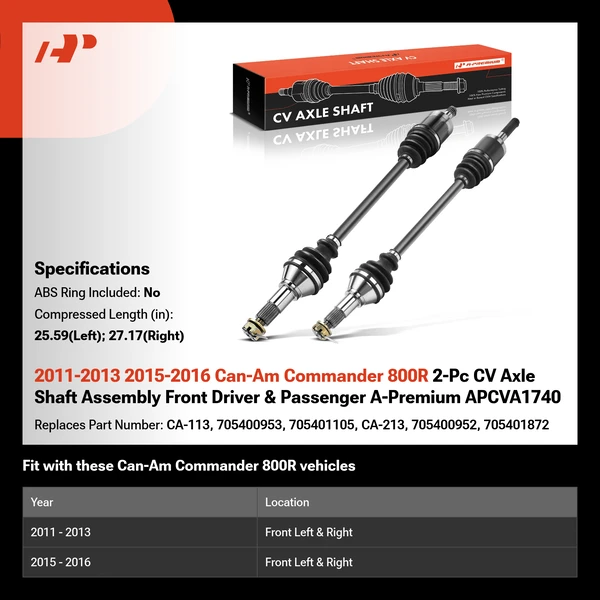 2011-2013 2015-2016 Can-Am Commander 800R 2-Pc CV Axle Shaft Assembly Front Driver & Passenger A-Premium APCVA1740