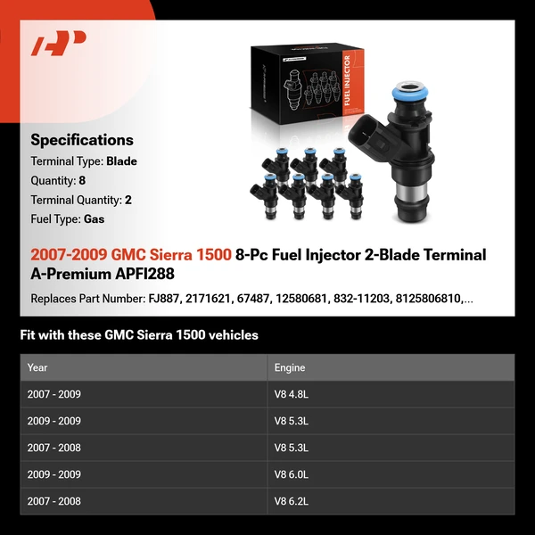 2007-2009 GMC Sierra 1500 8-Pc Fuel Injector 2-Blade Terminal A-Premium APFI288