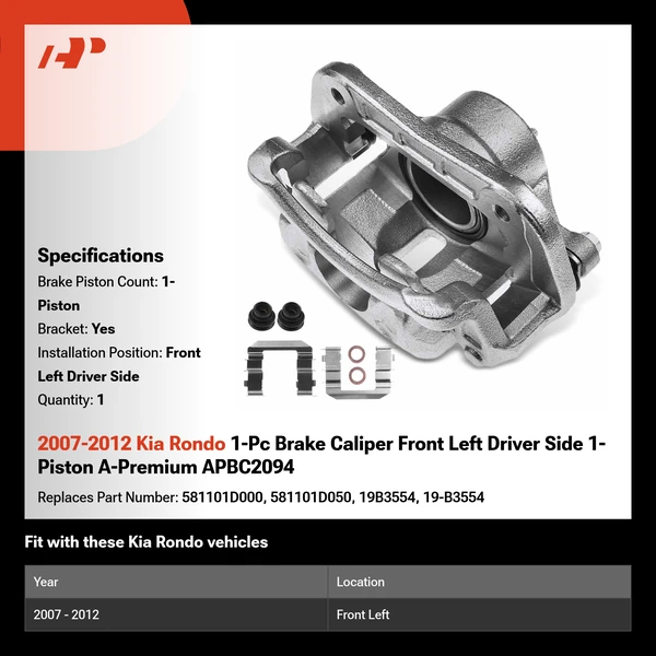 2007-2012 Kia Rondo 1-Pc Brake Caliper Front Left Driver Side 1-Piston A-Premium APBC2094