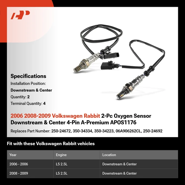 2006 2008-2009 Volkswagen Rabbit 2-Pc Oxygen Sensor Downstream & Center 4-Pin A-Premium APOS1176