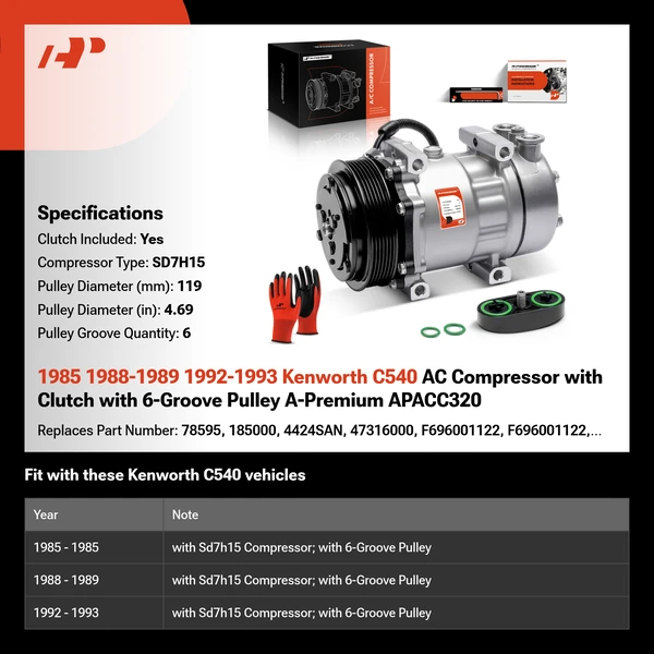 1985 1988-1989 1992-1993 Kenworth C540 AC Compressor with Clutch with 6-Groove Pulley A-Premium APACC320