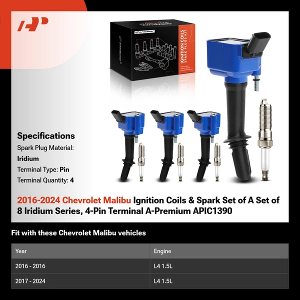 2016-2024 Chevrolet Malibu Ignition Coils & Spark Set of A Set of 8 Iridium Series, 4-Pin Terminal A-Premium APIC1390