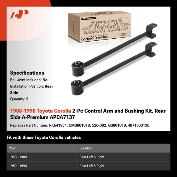 1988-1990 Toyota Corolla 2-Pc Control Arm and Bushing Kit, Rear Side A-Premium APCA7137