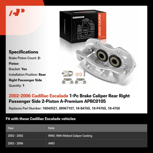 2002-2006 Cadillac Escalade 1-Pc Brake Caliper Rear Right Passenger Side 2-Piston A-Premium APBC0105