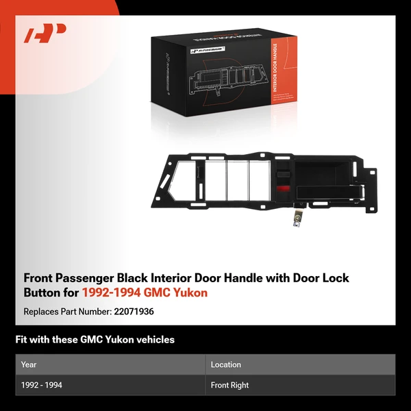 Front Passenger Black Interior Door Handle with Door Lock Button for 1992-1994 GMC Yukon